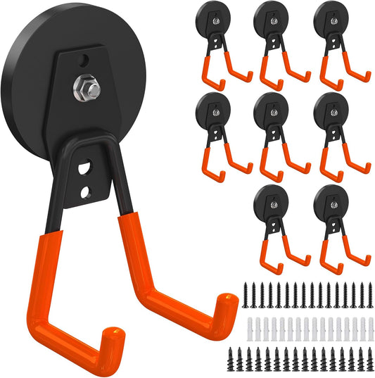 8 Pack Heavy Duty Storage Magnetic Utility Hooks Large Garage Strong Extra Magnet Hooks Hanger with Anti-Slip Coating Heavy Duty Magnetic Hooks for Hanging Power Dril Garage Garden Tools Orange