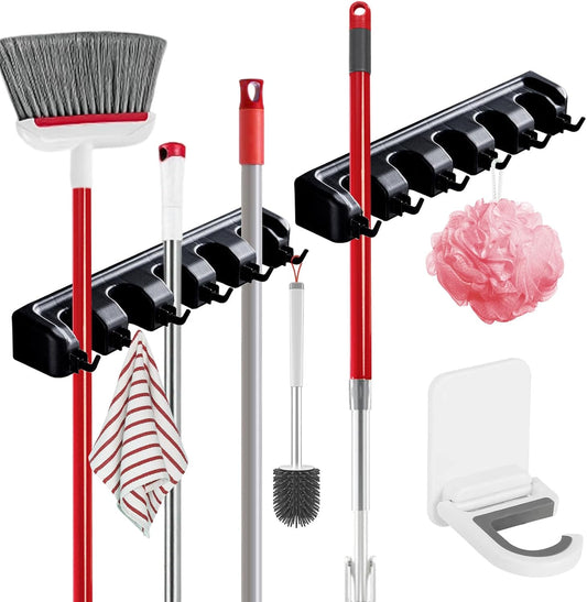 Broom Holder Wall Mount, 2 Packs Heavy Duty Cleaning Supplies Organizer, Garden Tool & Utility Closet with Hook, Mop & Broom Hook Wall Mounted for Bathroom, Garage, Kitchen, Laundry (Black-2pcs)