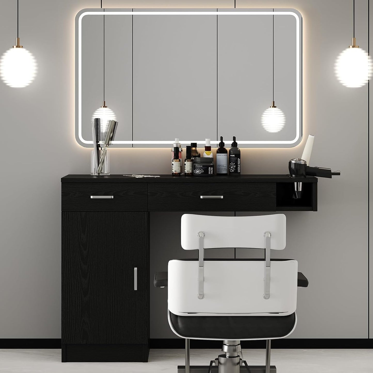 4ever2buy Salon Stations for Hair Stylist, Wall Mount Barber Station with Barber Cabinet, Hair Station Equipment Hair Dryer Holder, Drawers, Mirror not Included, Black