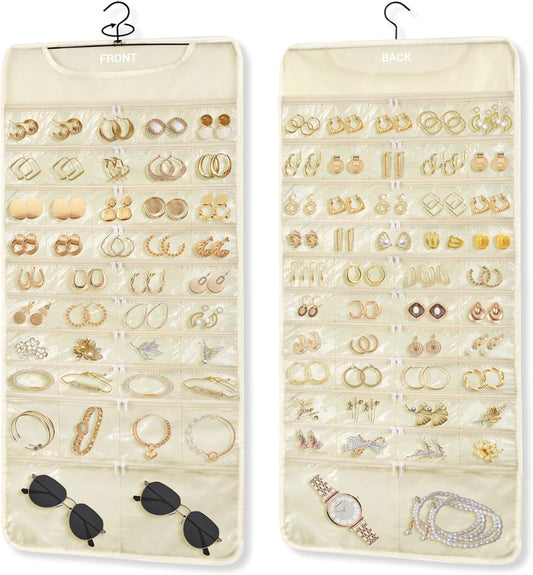 FOREGOER Hanging Jewelry Organizer with 88 Zippered Pockets, Dustproof Foldable for Travel, Accessories Organizer for Holding Jewelries Earring Organizers and Storage (Beige)