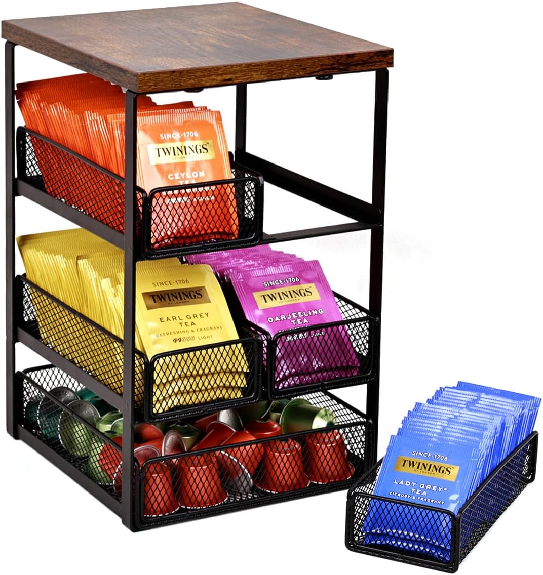 Tea Bag Organizer with 5 Drawers, Wooden & Metal Tea Storage Organizer for TeaBags, Coffee Pods, Creamers & Sugar – Countertop Tea Bag Holder for Coffee Bar and Kitchen, Space-Saving Tea Storage Rack