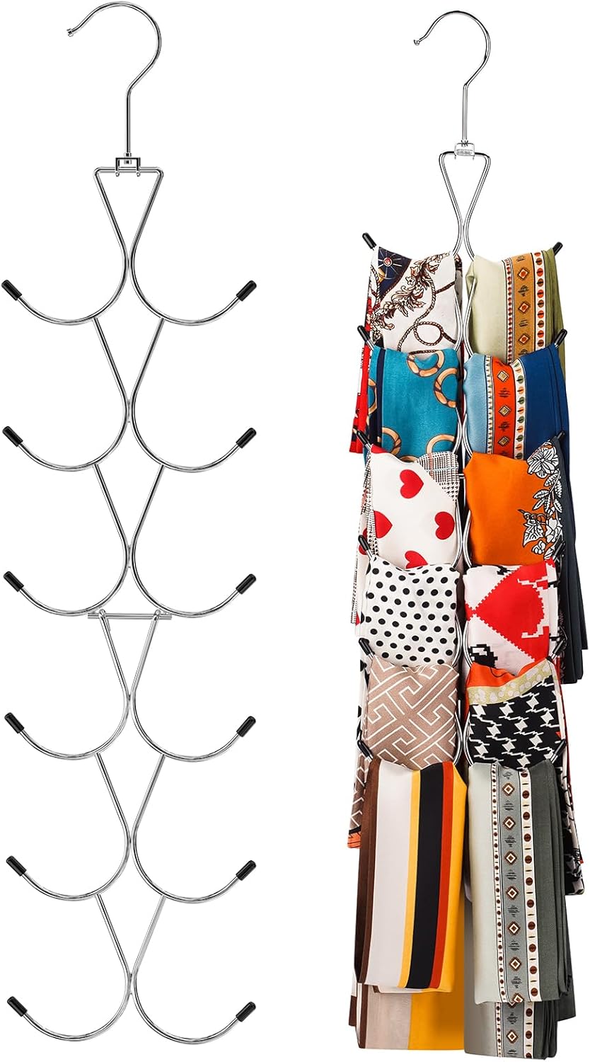 Scarf Hanger 2 Pack 24 Storages,Purse Hanger with 360 Swivel Hook,Scarf Organizer Scarf Hangers for Closet,for Scarves, Shawl,Belt,Purse & Baseball Cap
