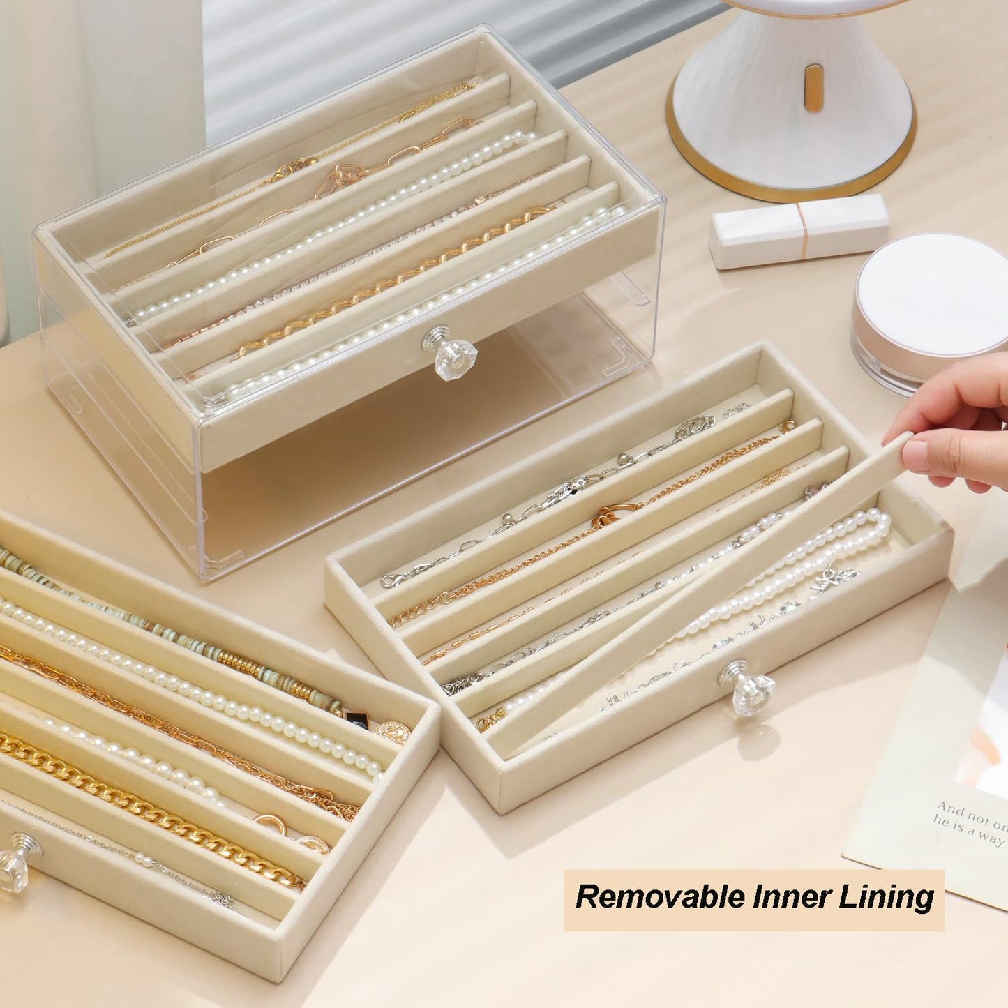 SPAKOWN Necklace Organizer Box, Velvet Necklace Box Holder Tray with Clear Lid Chains Showcase Stackable Necklace Storage for Pendant Bracelet (3 Drawers - Beige)