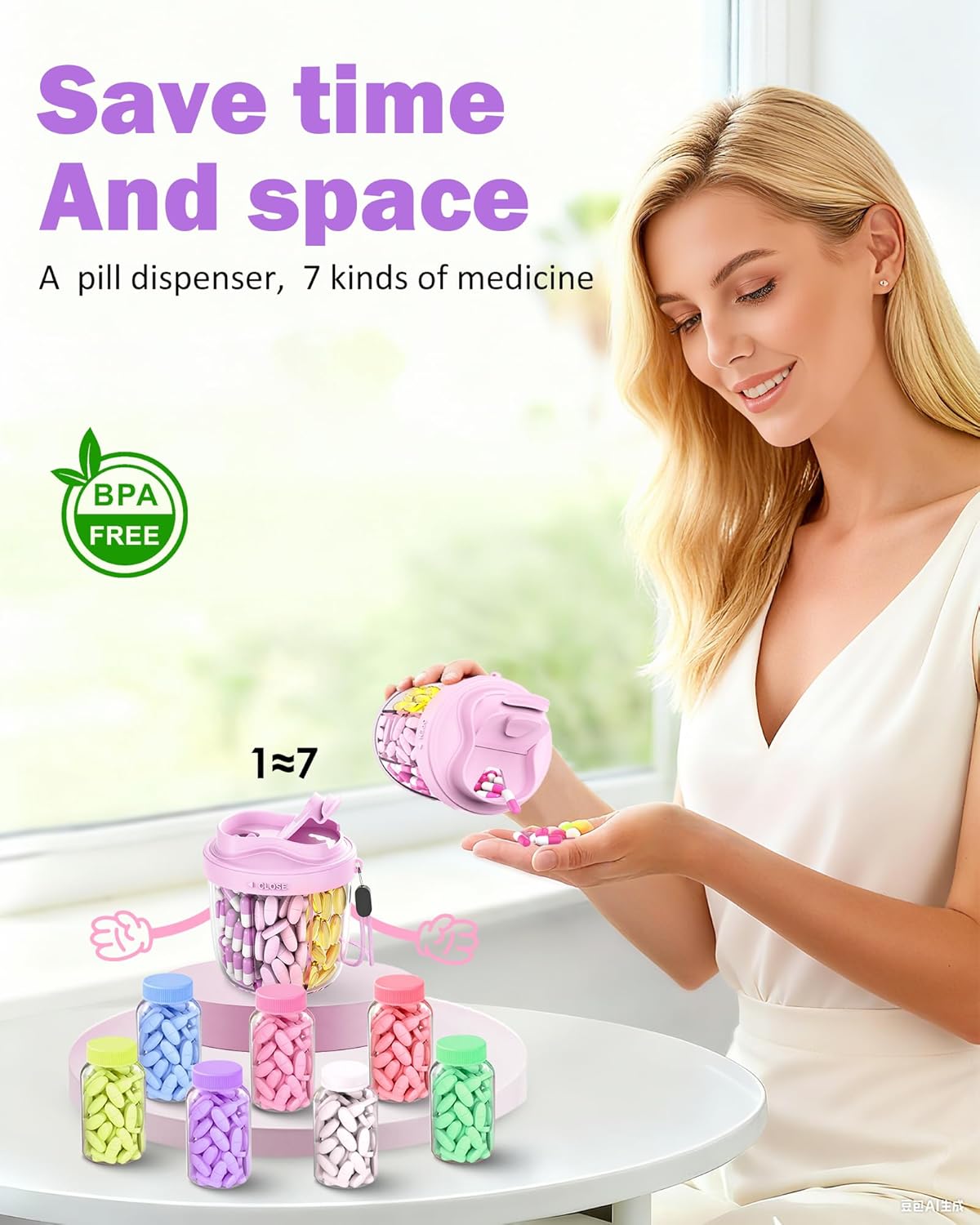 Cute Pill Organizer,Pill Dispenser with 7 Large Compartments,Portable Pill Bottle Box with Wide Opening for Easy Use, Anti-Mix Pills Organizer for Travel,Includes 20 Pcs Sticky Labels（Purple）
