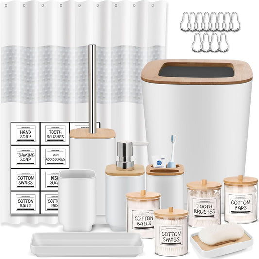 Bathroom Accessories Set,White Bathroom Set,24 Pieces Bathroom Accessory Set with Shower Curtain,Trash Can for Bathroom Accessories Décor and Home Gifts