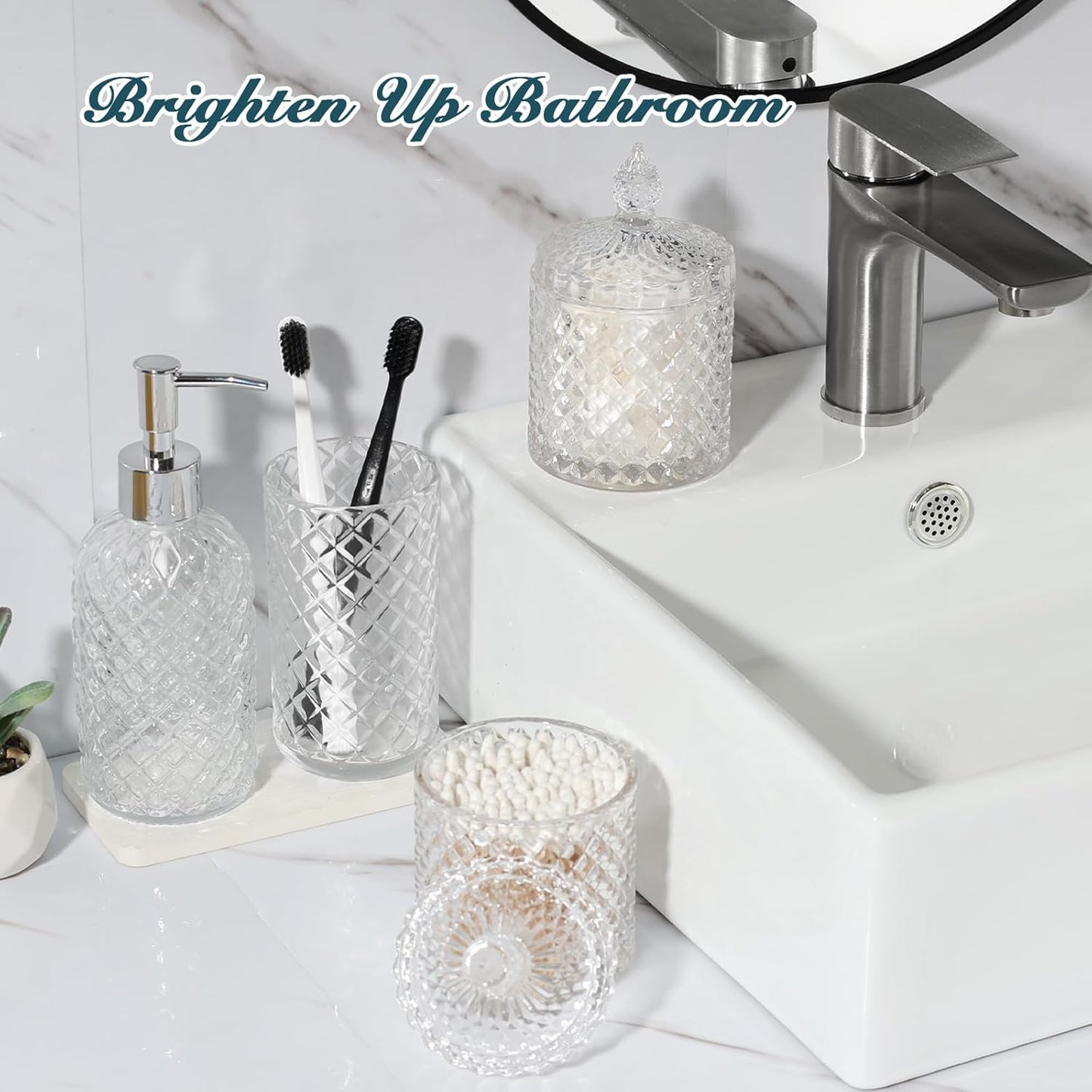Bathroom Accessories Set, 4 Pack Clear Glass Bath Accessory Sets Complete, Diamond Soap Dispenser and Toothbrush Holder Set for Bathroom Counter Organizer Essentials, Modern Bathroom Decor