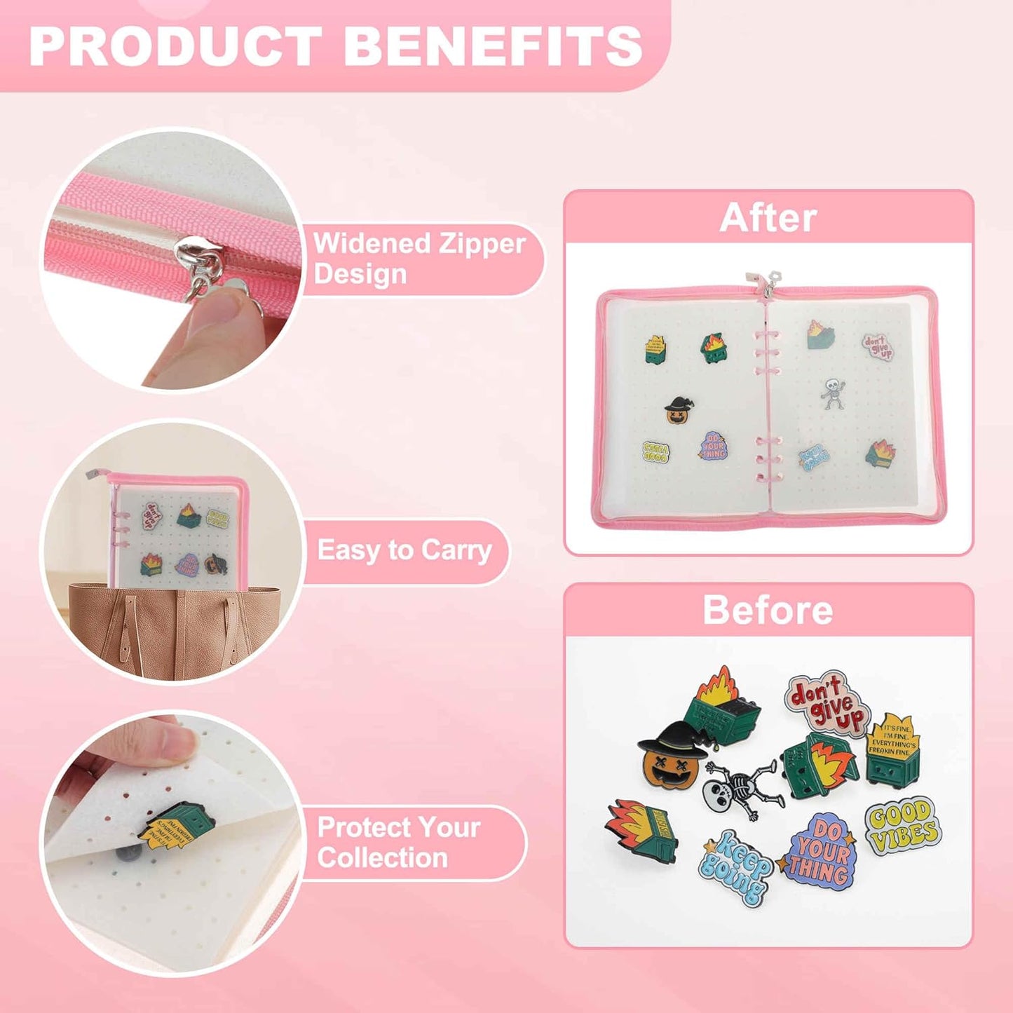 CAPASTEC Pin Bag, Portable Pin Display Book, Ideal for Pins, Brooches Storage, Pink White