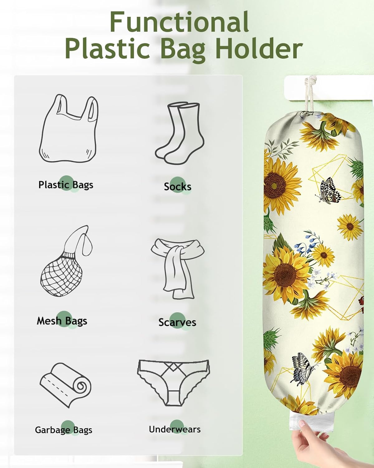 Plastic Bag Holder, Grocery Bag Organizer - 1 Pack Cute Kitchen Dispenser Holders Reusable Shopping Western Hanging Wall with Adjustment Drawstring Closure for Women Home, Sunflower