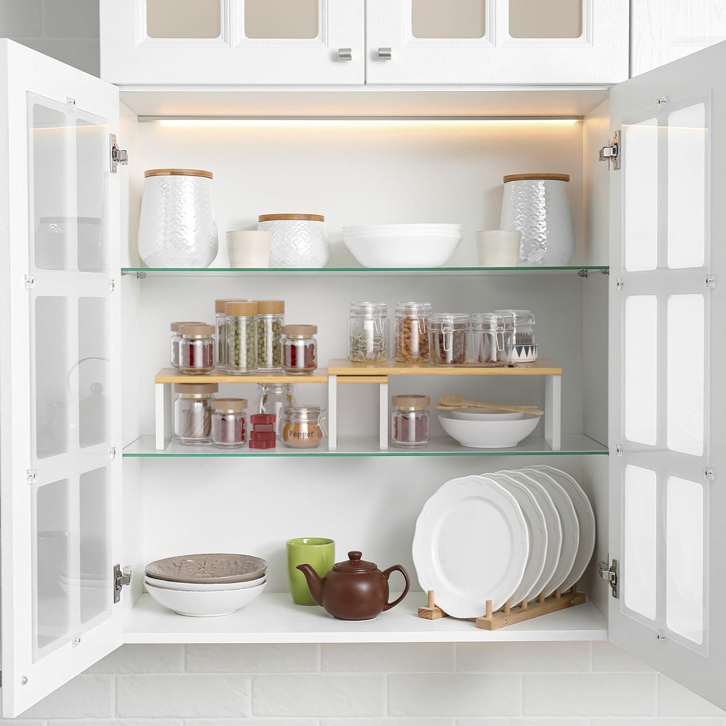 NEX Bamboo Cabinet Organizer Shelf, Set of 2 Kitchen Counter Shelves, Spice Rack, Stackable Kitchen Shelves Organizer, Pantry Cupboard Dish Mug Cup Storage Shelf, White and Natural