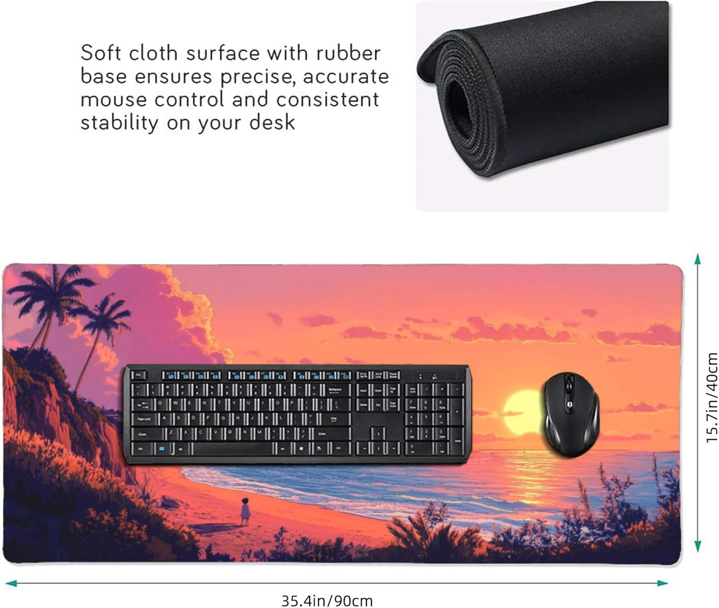 Sunset Beach Large Mouse Pad, Anime Style Gaming Desk Mat, XXL Keyboard Desk Pad Mat for Desktop, 35.4"x15.7" Non-Slip Base Big Mousepad with Stitched Edges
