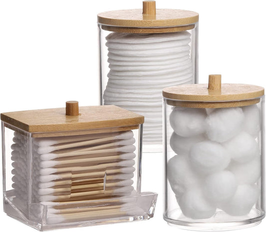 Tbestmax Qtips Holder Bathroom Container, 10/7 OZ Cotton Ball/Swabs Dispenser, Apothecary Jar Organizer for Storage Wood Lids