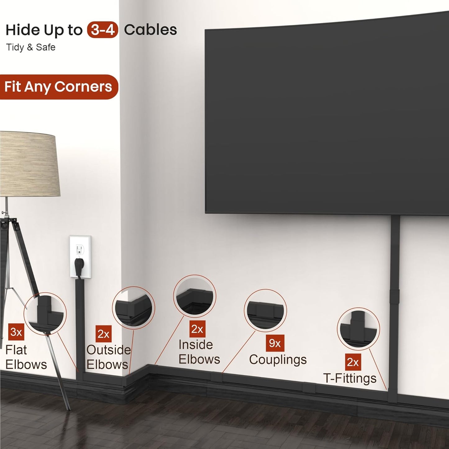 Black Cord Cover Wire Hider - 157in Large Cable Concealer, Cord Hider for Wall Mount TV, Cable Raceway Kit, Extension Cord Cover Indoor, Electrical Wire Cover, Cable Management Wall, Wire Molding