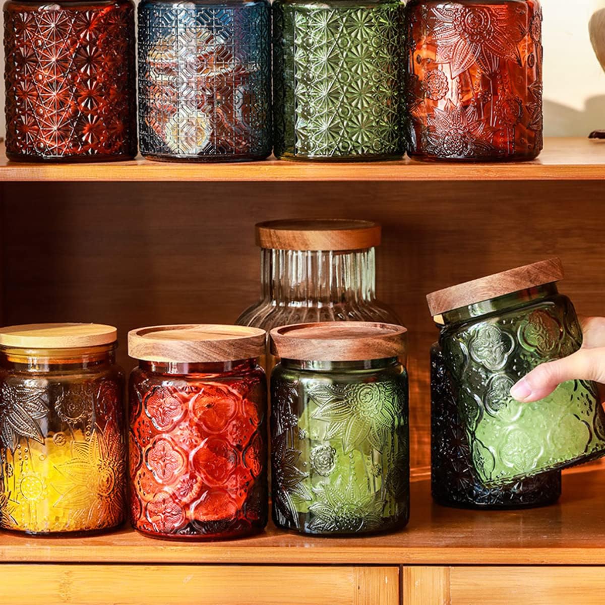 ANSQU Vintage 23.7oz Glass Storage Jar with Solid Wood Lid - Sunflower Kitchen Canister for Tea, Coffee, Candy, Cookies, Bath Salts & Laundry Detergent - Decorative Multi-Purpose Jar (Green, 1 Pack)