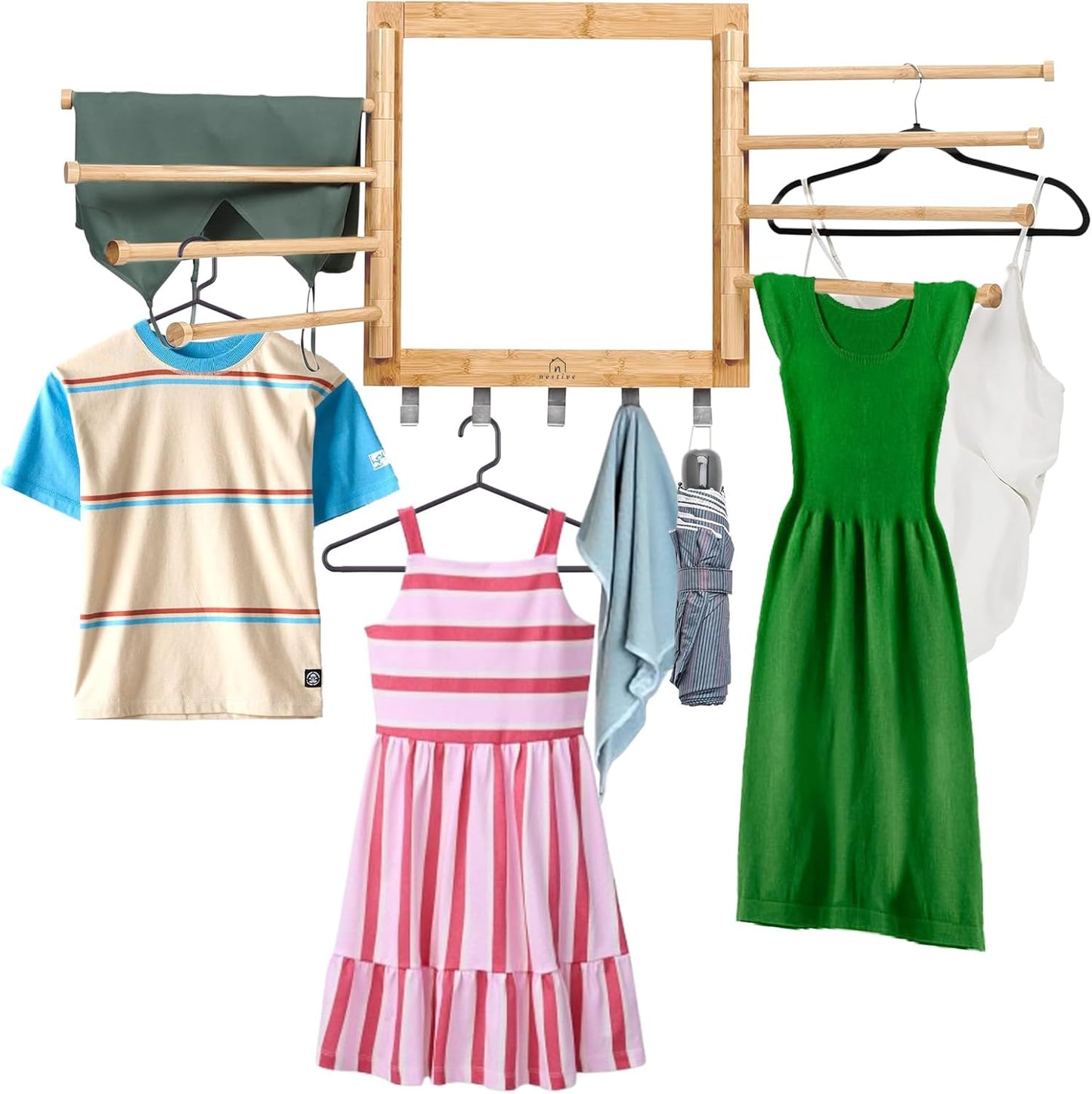 Bamboo Wall Mount Drying Rack for Laundry – Collapsible Foldable Clothes Dryer with 8 Arms & 5 Hooks, Space-Saving Laundry Hanger Dryer Rack, 20 Inch, 80 lb Capacity (Natural)
