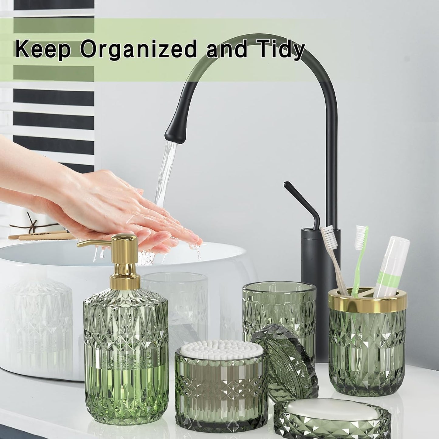 Green Glass Bathroom Accessories Set 5 Pcs, Green Bathroom Set, Soap Dispenser and Toothbrush Holder Set, Qtip Holder Set, Vintage Bathroom Sink Set, Cute Bathroom Decor