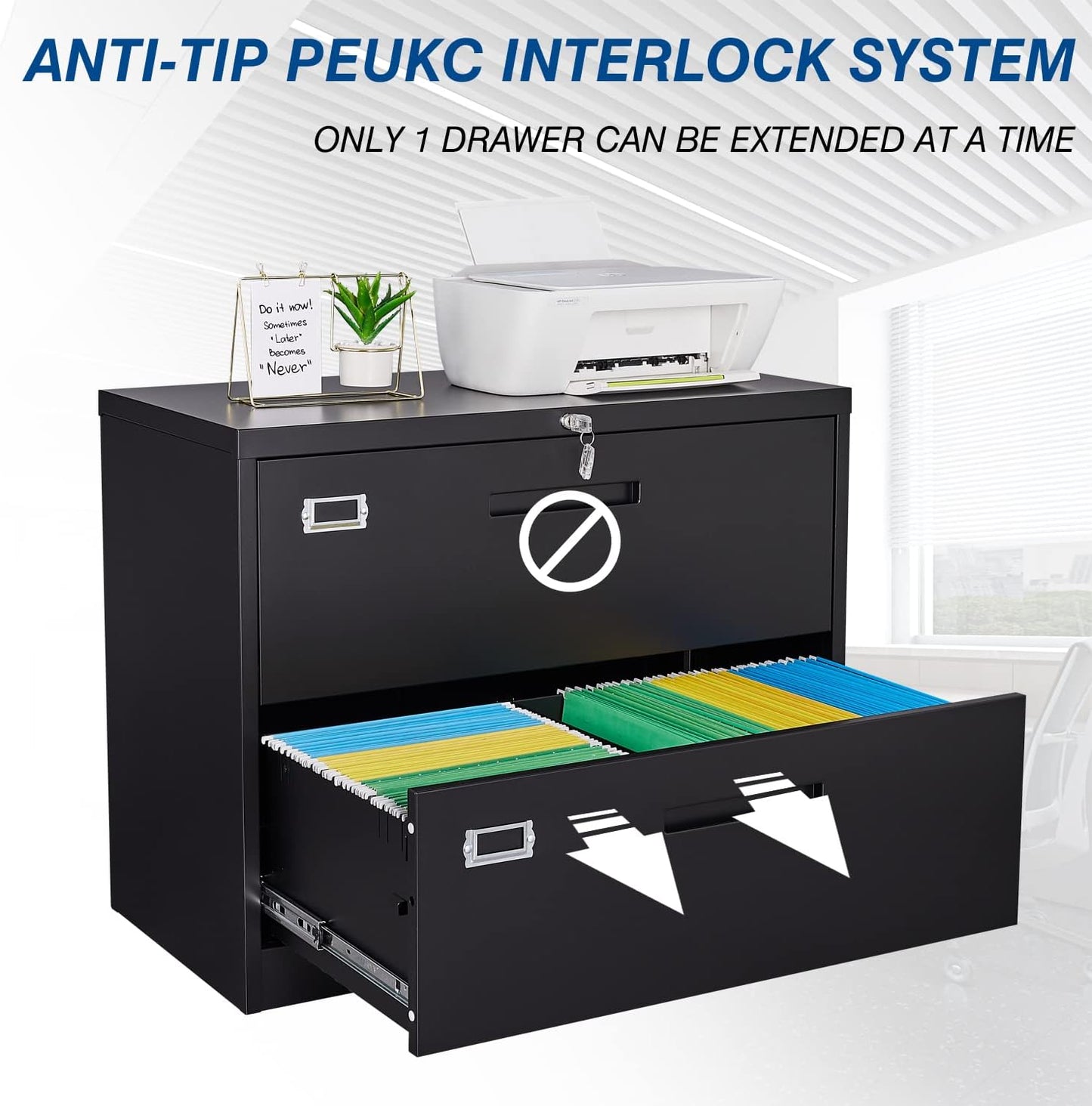 2 Drawer File Cabinet, Lateral Filing Cabinets for Home Office, Office Storage Drawers with Lock, Hanging Files Legal/Letter A4 Size (Assemble Required,Black)
