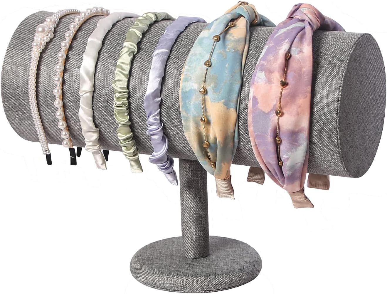T-Bar Headband Holder Organizer for Show, Soft Velvet Hairband Stand Display, Hair Hoop Accessories Jewelry Storage for Home Bedroom (Gray Linen)