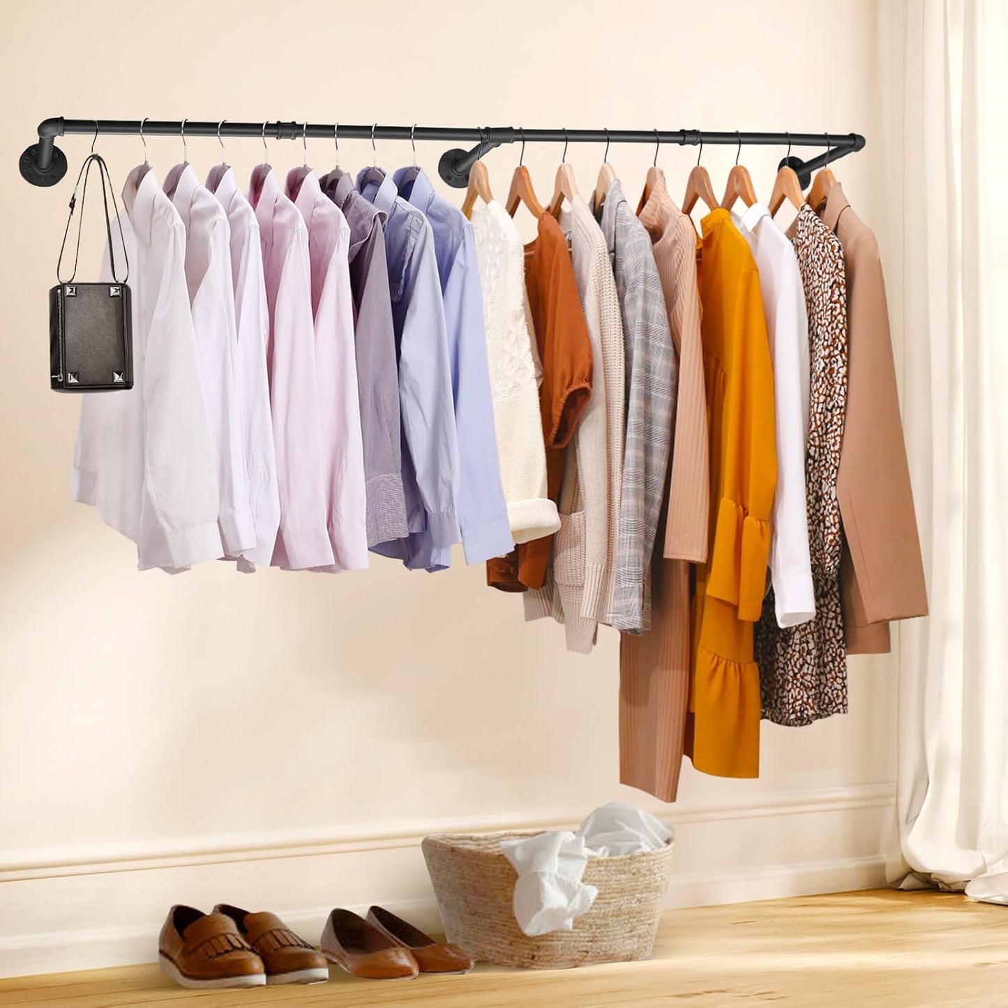 Industrial Pipe Clothing Rack, 66.1" Wall Mounted Clothes Rack Set of 2, Heavy Duty Closet Rod for Hanging Clothes, Space-Saving Detachable Iron Wall Garment Bar 3 Base