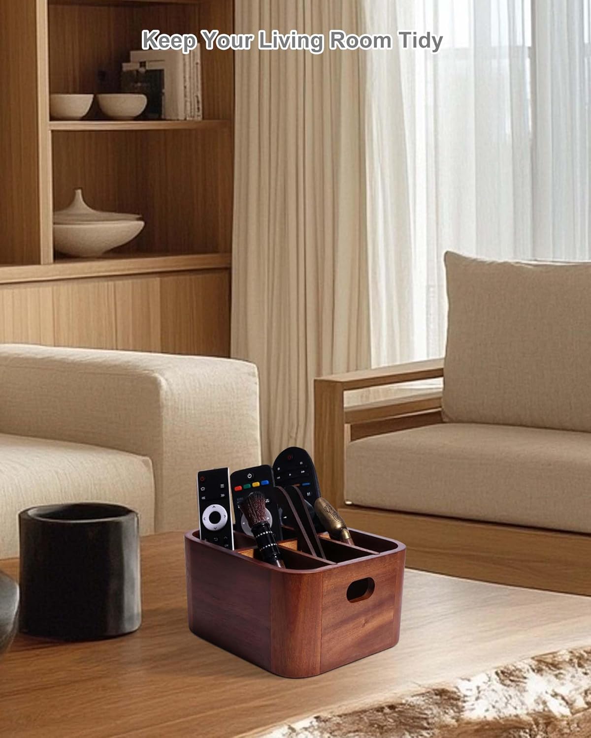 LYNG Acacia Wood Remote Control Holder Caddy, Solid Wood Organizer with 4 Adjustable Dividers & Handle, Remote Organizer for Coffee Table & Living Room