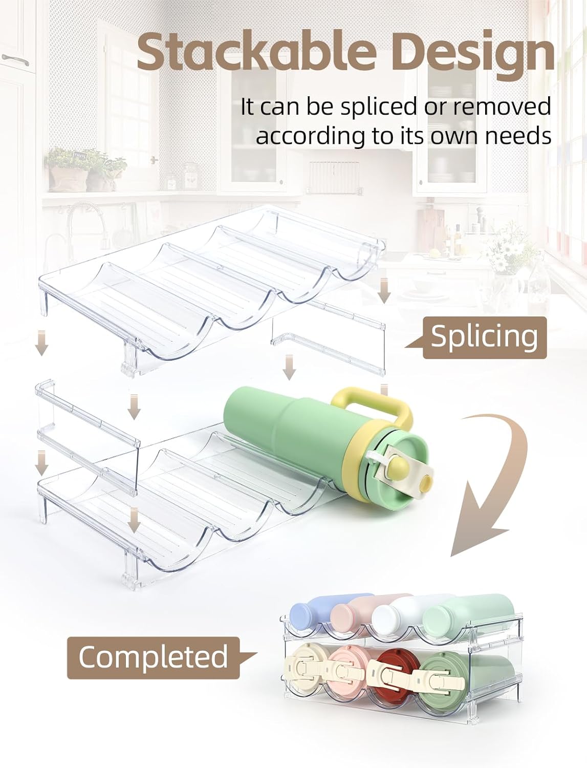 Water Bottle Organizer - 2 Pack Clear Stackable Storage Rack for Stanley Yeti and Other Tumblers - 2 Tier Wine Rack Holds 8 for Kitchen Cabinets