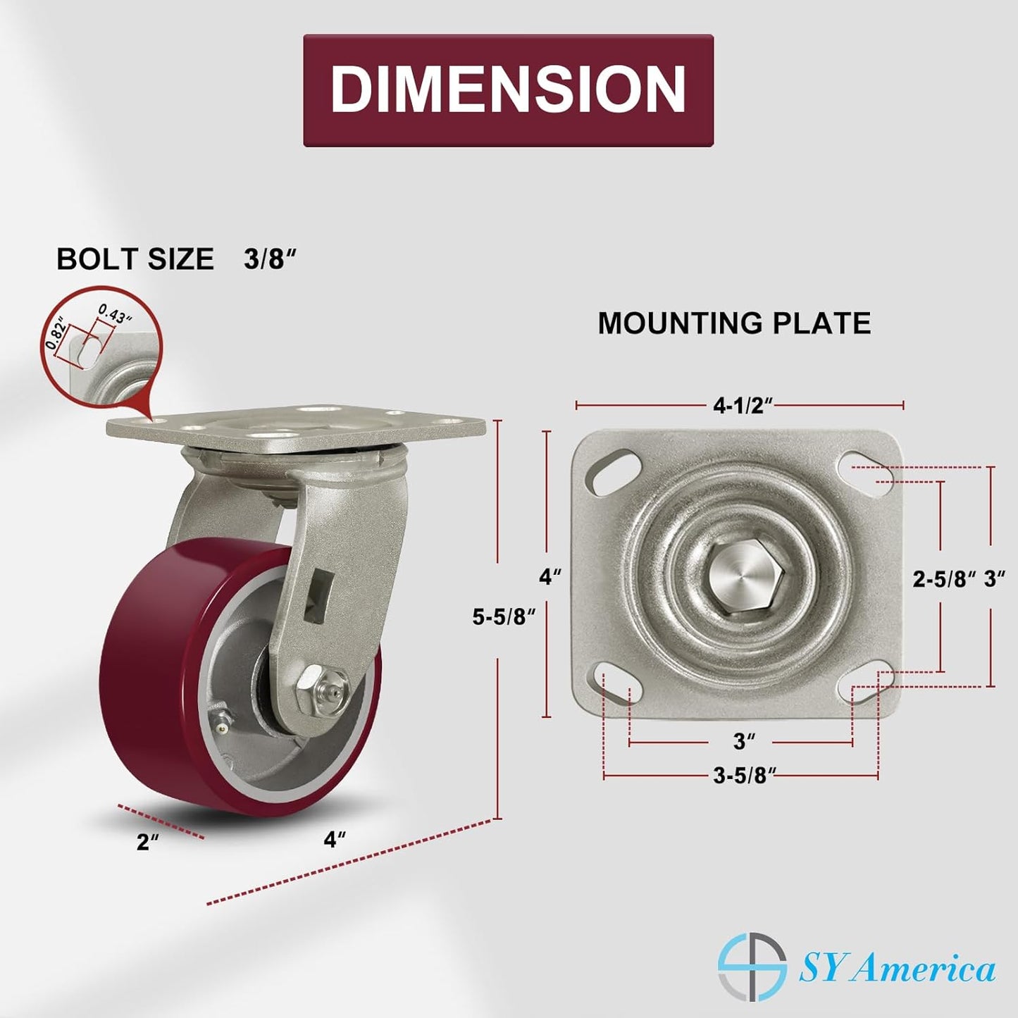 SY America 4" X 2" Casters Wheels,Heavy Duty Industrial Casters，Polyurethane on Aluminum Wheels,1 Swivel Casters,800 LBS Load Capacity