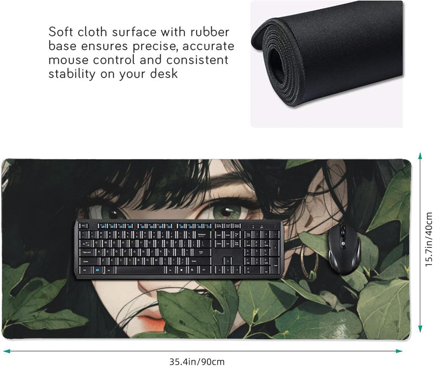 Girl in Foliage Large Mouse Pad, Anime Style Gaming Desk Mat, XXL Keyboard Desk Pad Mat for Desktop, 35.4"x15.7" Non-Slip Base Big Mousepad with Stitched Edges
