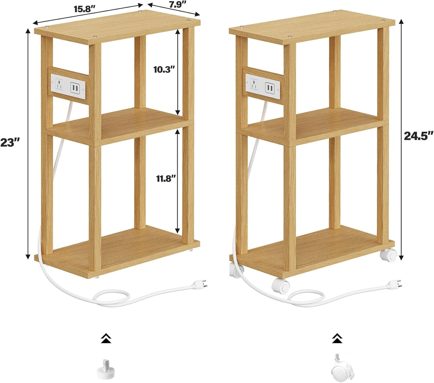 TUTOTAK Small Narrow Side Table with Charging Station, Skinny End Table for Small Spaces, Slim Nightstand with USB Ports and Outlet, Sofa Beside Table with Wheels, Natural TB01BN046