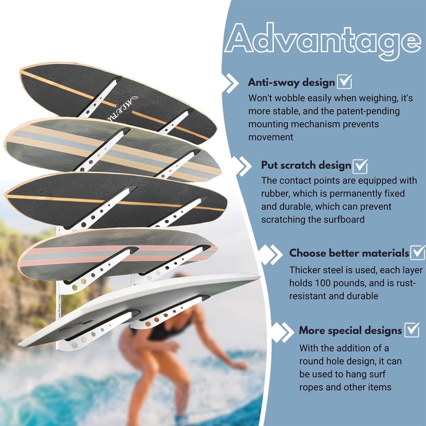 Snowboard Wall Mount, Adjustable 5/6 Board Surfboard Rack, Surfboard Wall Hangers for Surfboard, Wakeboard, and Snowboard Storage at Home or Garage