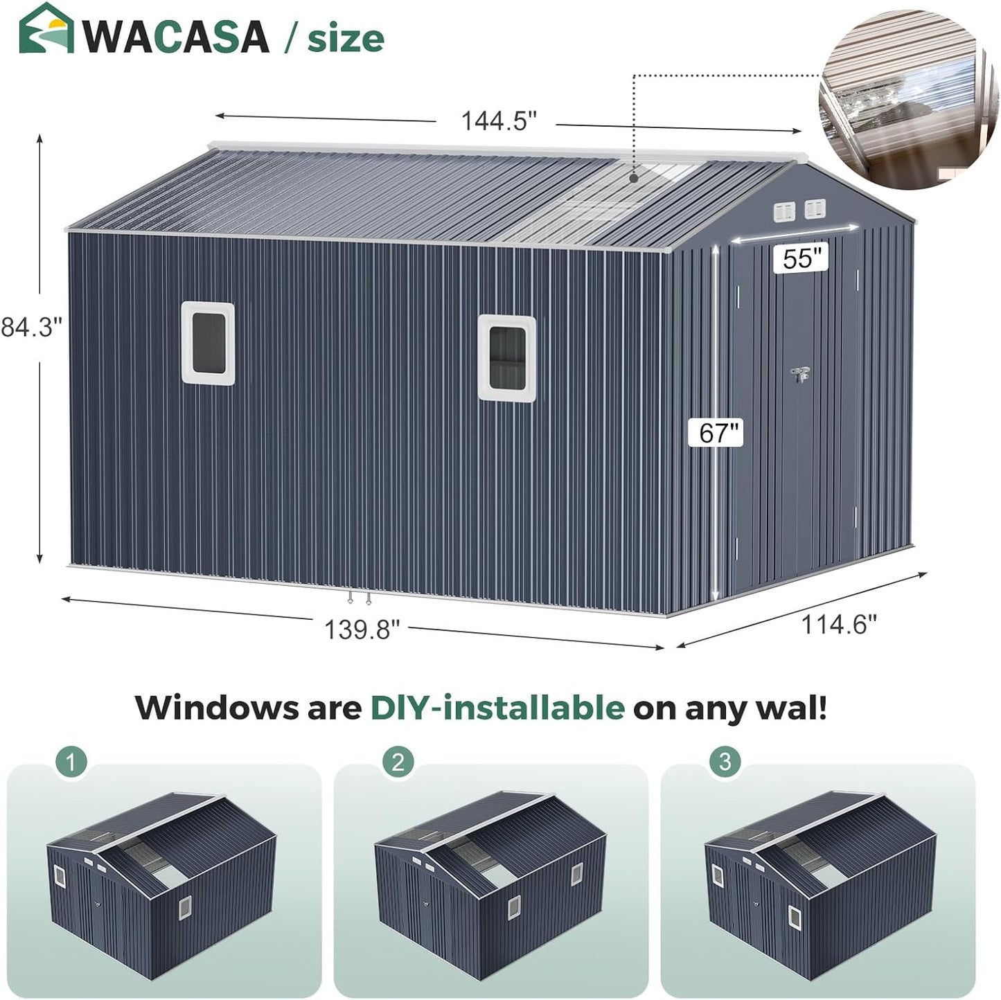 10x12 Metal Shed with Floor Frame Kit & Reinforced Construction - Translucent Roof Panels for Natural Light, Lockable Doors,Vents,Windows, Weatherproof Garden/Backyard/Patio Outdoor Storage