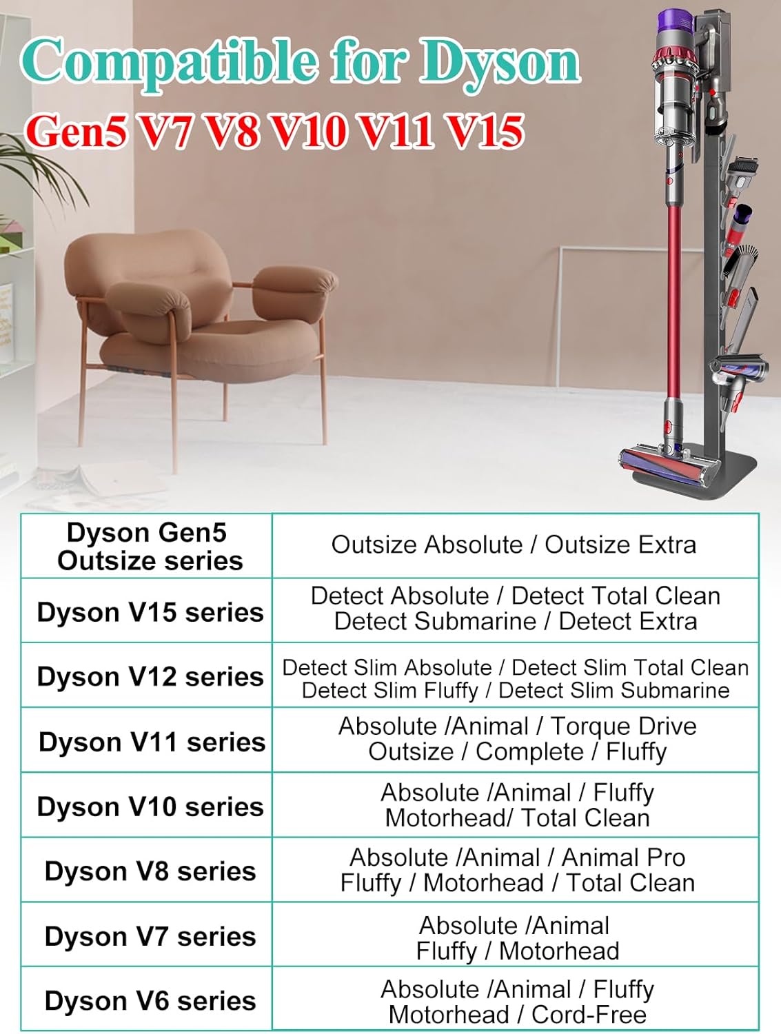Haturi Vacuum Stand for Dyson Gen5 V15 V12 V11 V10 V8 V7 V6, Hidden Power Cord Design Standing Dock Holder, Metal Docking Station for Dyson Handheld Cordless Vacuum Cleaner & Accessory & Attachment