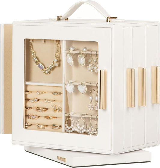Homde Christmas Gifts Jewelry Box 360° Rotating, Necklace Earring Organizer with Transparent Window, Mirror, 7 Drawers, Large Ring Display Storage Case for Girls Women (White)