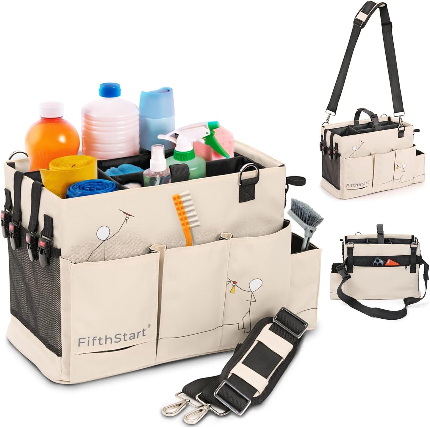 FifthStart Multiuse Cleaning Caddy with Waist & Shoulder Strap - Diaper Caddy & Beach Bag - 9 Pockets & Mesh Base - Adjustable Compartments (Beige, Small) - Cleaning Supplies Organizer