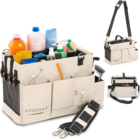 FifthStart Multiuse Cleaning Caddy with Waist & Shoulder Strap - Diaper Caddy & Beach Bag - 9 Pockets & Mesh Base - Adjustable Compartments (Beige, Small) - Cleaning Supplies Organizer