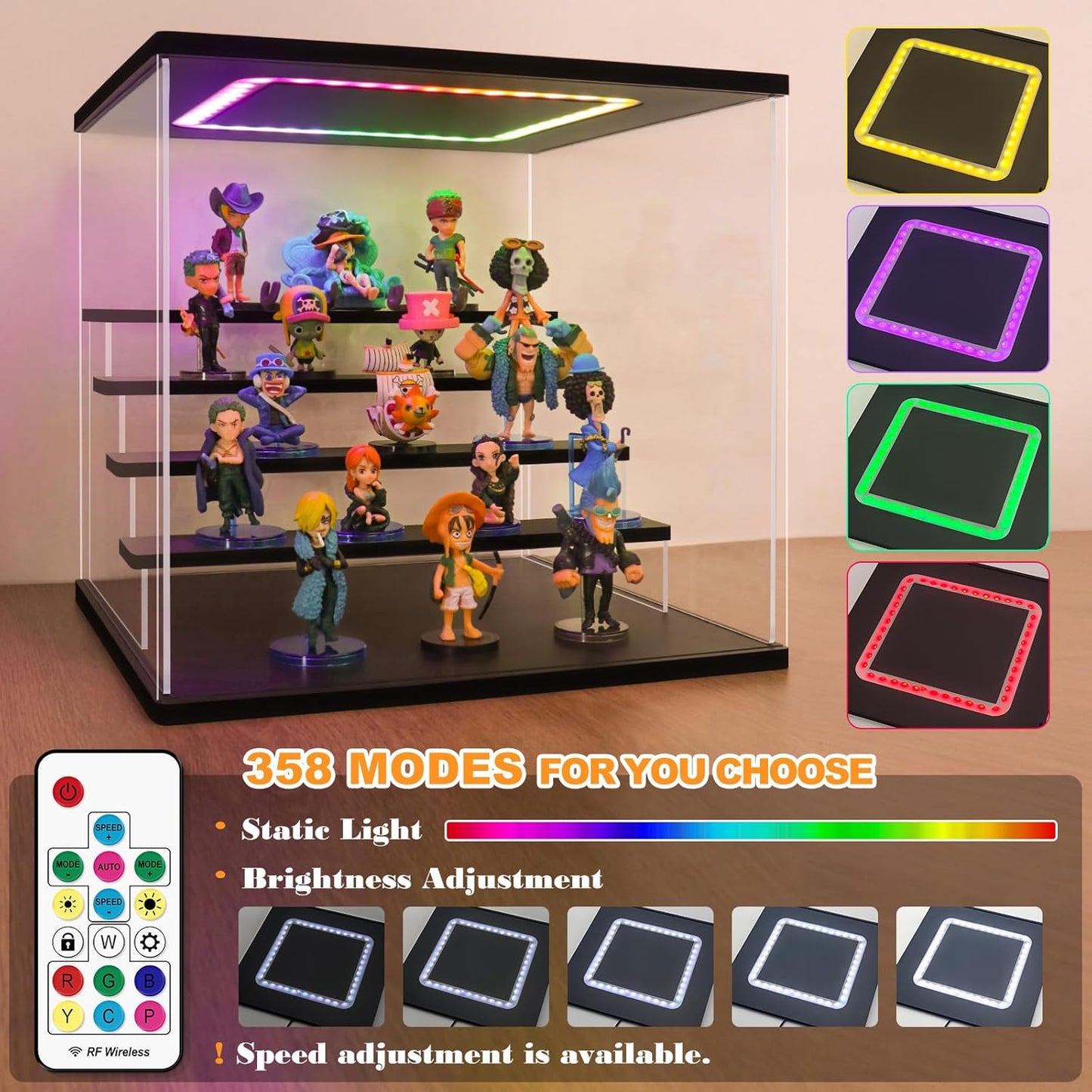 NONEMEY Clear Acrylic Display Case with Light ,3/4/5/6 Tier Multiple Color Lights via Remote Control Dustproof Display Box for Collectibles Figures Mini Toys (4Tier 12.4*9.6*10.4inch)