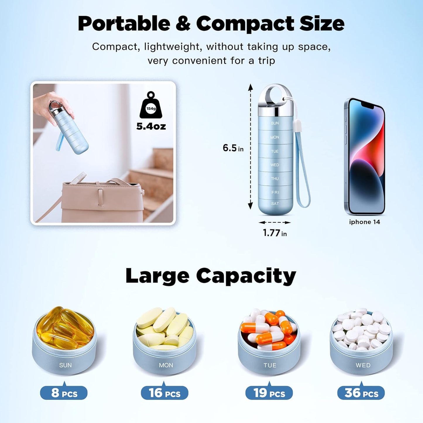 Zannaki Metal Travel Pill Organizer, Portable Waterproof Weekly Pill Box, Large Aluminum Alloy Pill Case Container, BPA Free 7 Day Daily Medicine Organizer Holder for Vitamin, Fish Oil, Supplement