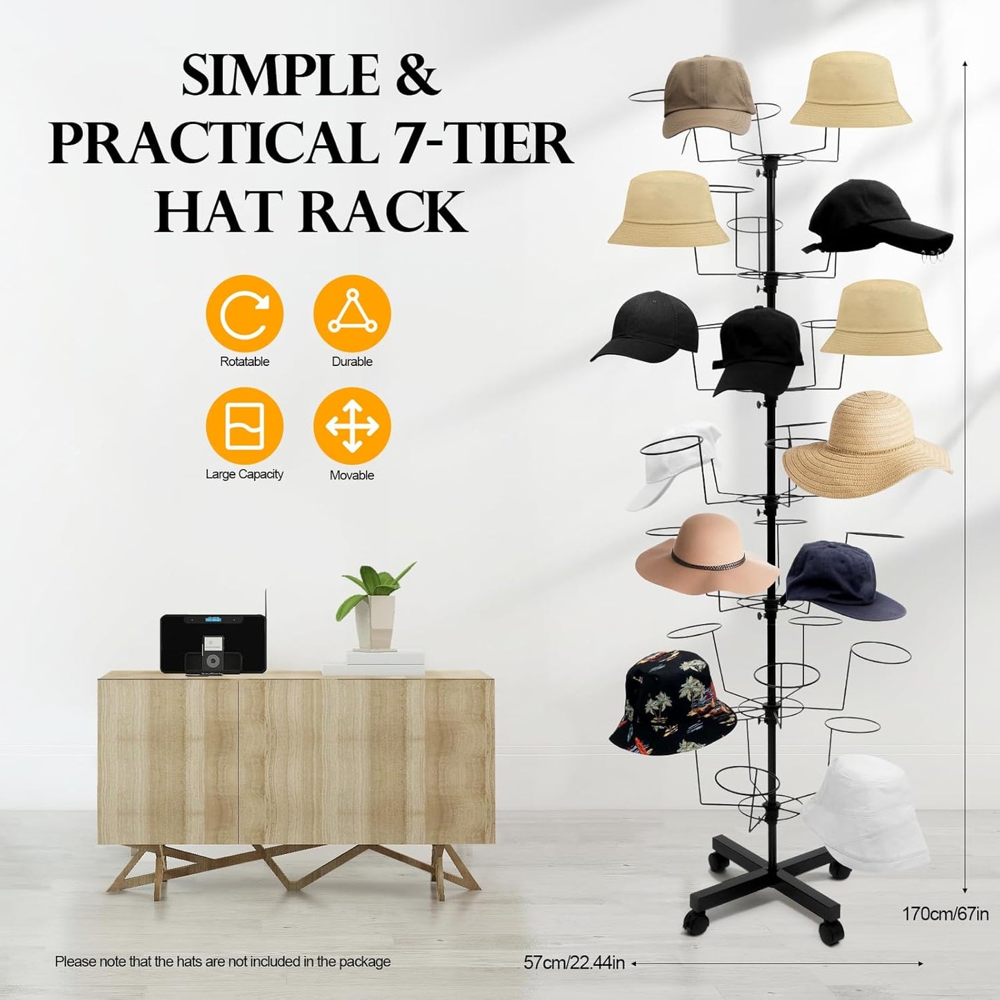 7-Tier Rotating Iron Hat Rack with Wheels & Brakes, Heavy Duty 35-Hat Organizer for Home/Store, Black Modern Free Standing Wig Display Stand, 11lbs Capacity (Black)