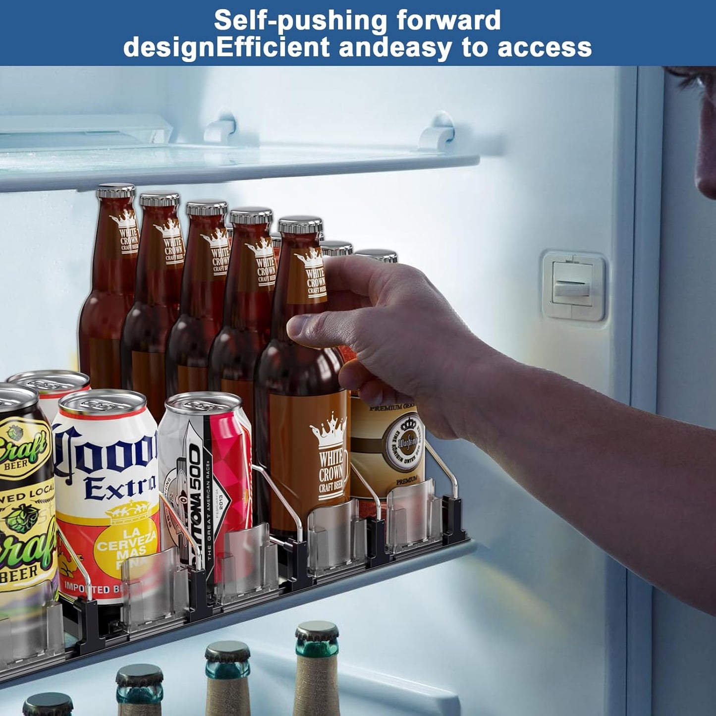 Drink Organizer for Mini Fridge,12oz - Soda Can Dispenser for Refrigerator,Width Adjustable,Automatic Pusher Glide (White (Mini 12.2"D), 12.2"D 2ROW, Holds 8 Cans)