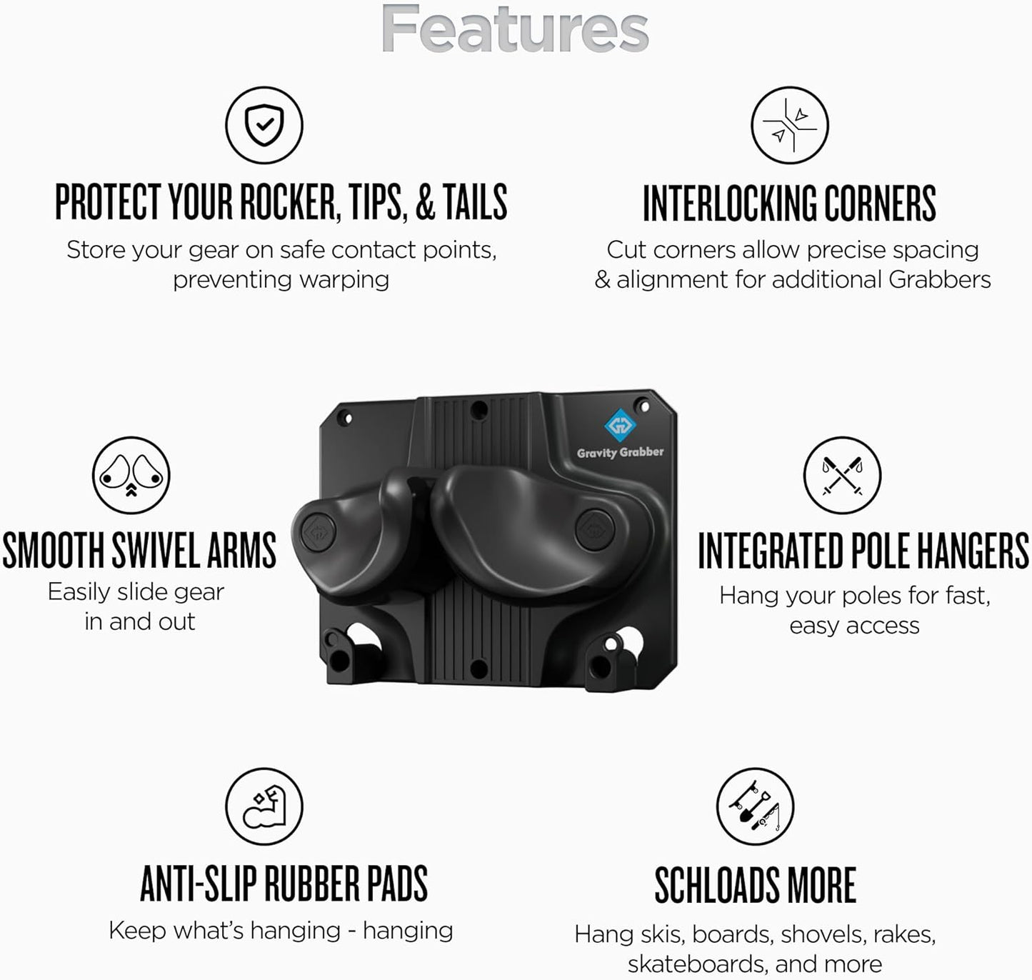 Gravity Grabber Ultimate Ski & Snowboard Wall Storage Rack - Fits any Ski or Snowboard - Save Your Rocker, Tips and Tails - Damage-free - 2x - Black