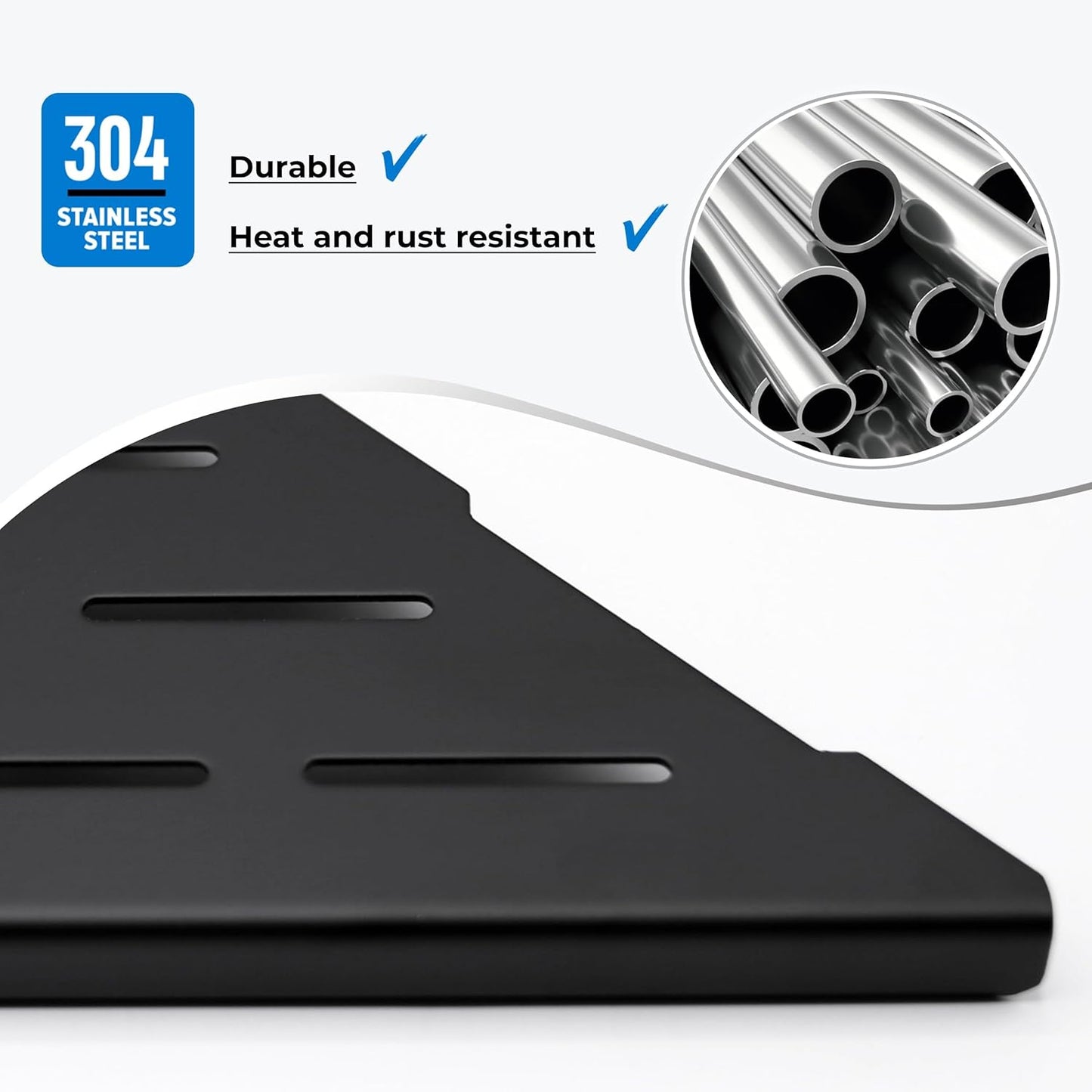 FerdY 2-Pack 10" Matte Black Recessed Corner Shower Shelf, for Tiled Bathroom Walls, 304 Stainless Steel Floating Shower Shelf, Shower Caddy Storage Shelves, No Drilling Required, Striped Triangle