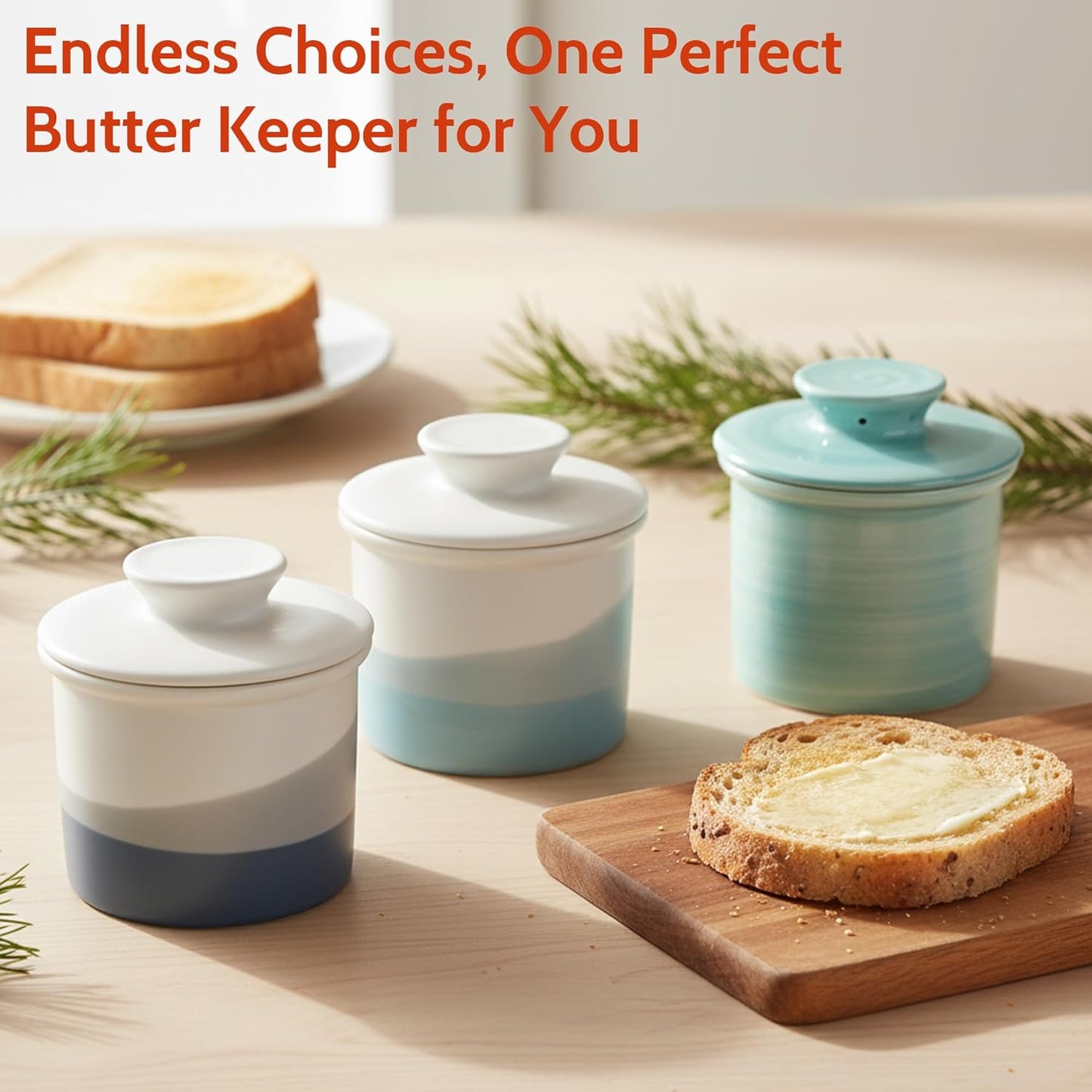 Sweese Light Blue French Butter Crock with Lid – Ceramic Butter Keeper Crock with Water for Countertop Use, Matte Glazed French Butter Keeper, Dishwasher & Microwave Safe