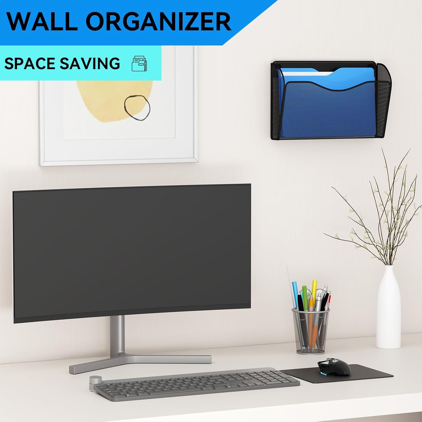 Single Pocket Wall File Holder, Mesh Hanging File Folder Paper Organizer, Vertical Wall Mounted Mail Basket, Storage Organization Magazine Rack for Office, Home and School, Black