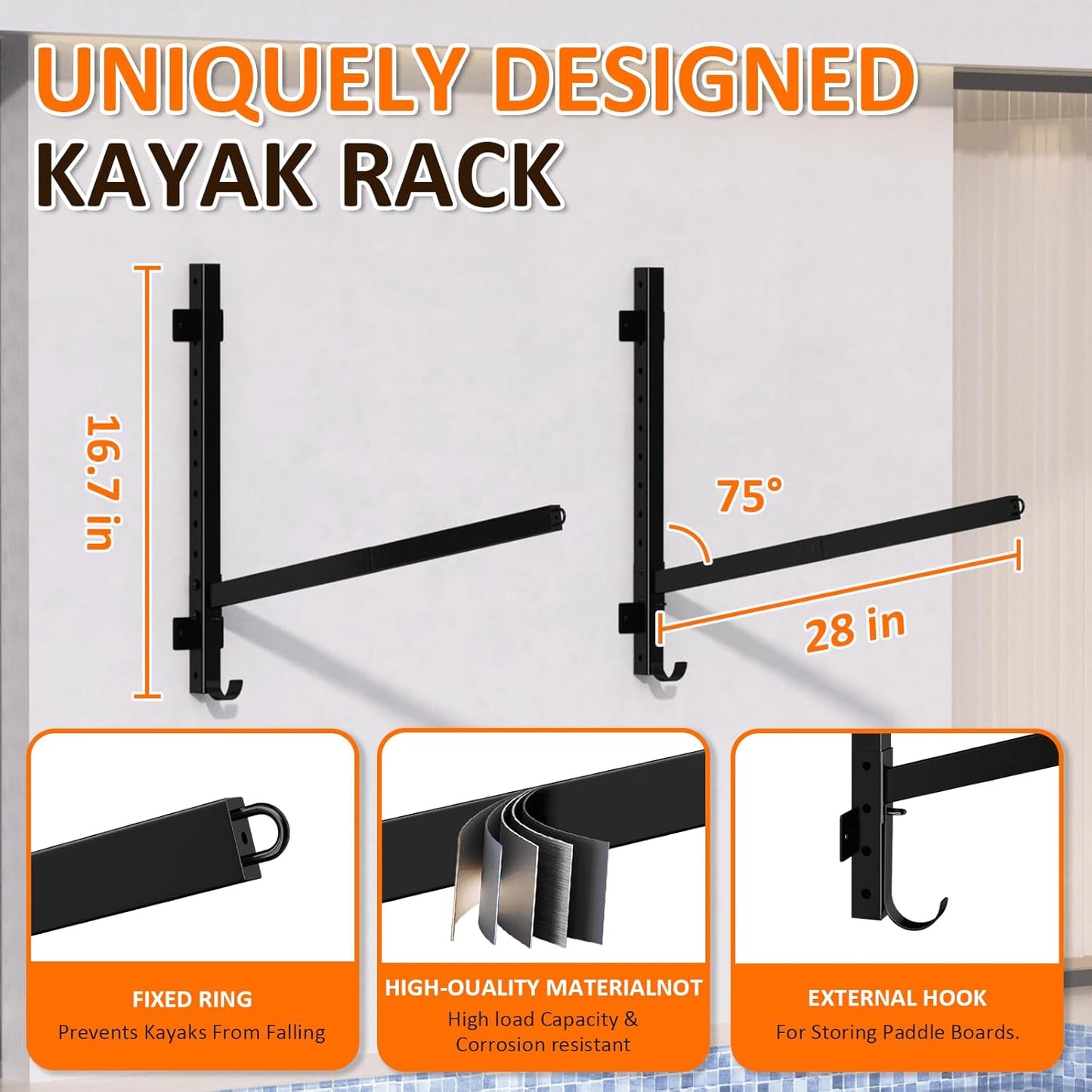 Kayak Storage Rack for Garage Wall Mount - Heavy L-Frame Holder with Anti-Slip Bungee & Complete Installation Kit, Supports 150LB (Fits Canoe/Paddle Board, Black)