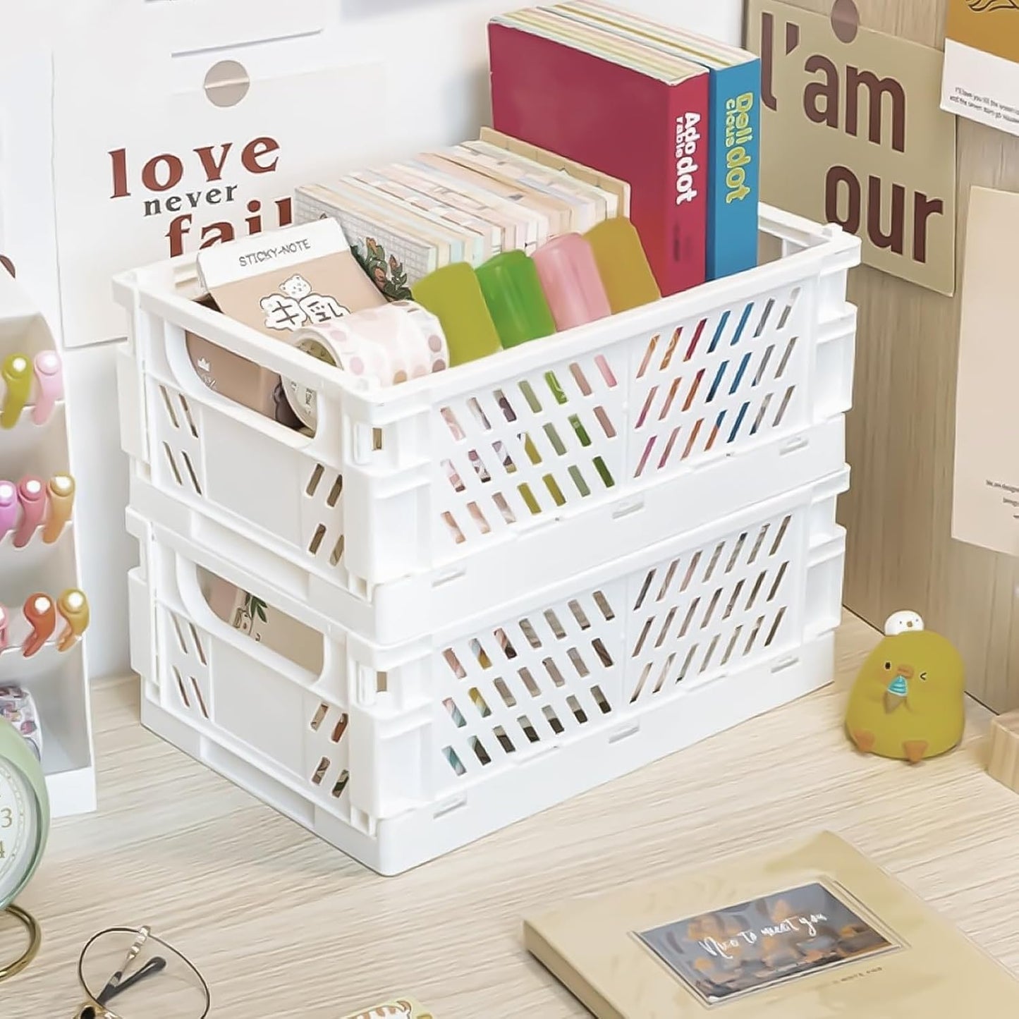 Small Pastel Plastic Storage Bins 2Pcs Foldable Pastel Crates Plastic Basket Colorful Storage Containers Baskets for Classroom Kitchen Office Bedroom Desktop Home Decor (White 9.8" x 6.5" x 3.8")