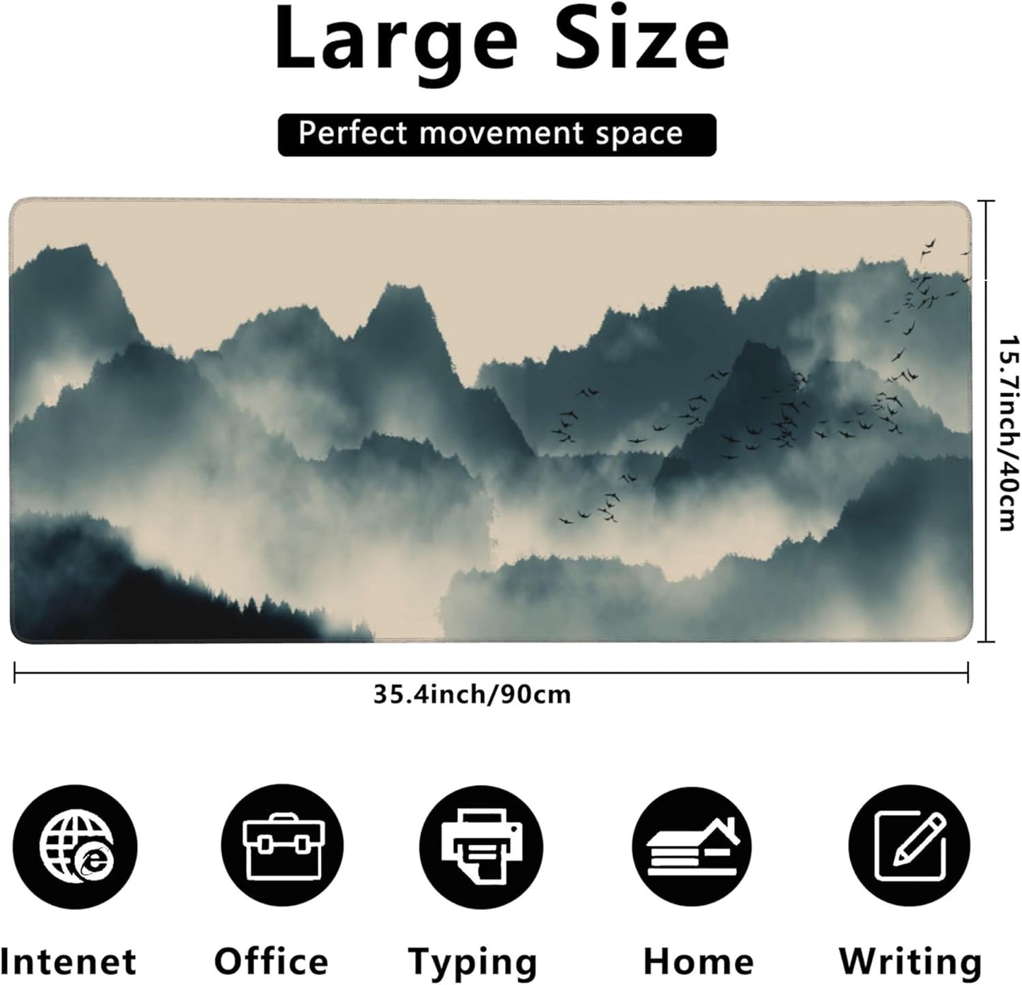 Gaming Mouse Mat Ink and Water Landscape Painting Large Mouse Pad Extended Mouse Pad Desk Mat Non-Slip Rubber Base Mice Pad Desk Pad for Office Game Home 35.4x15.75 in