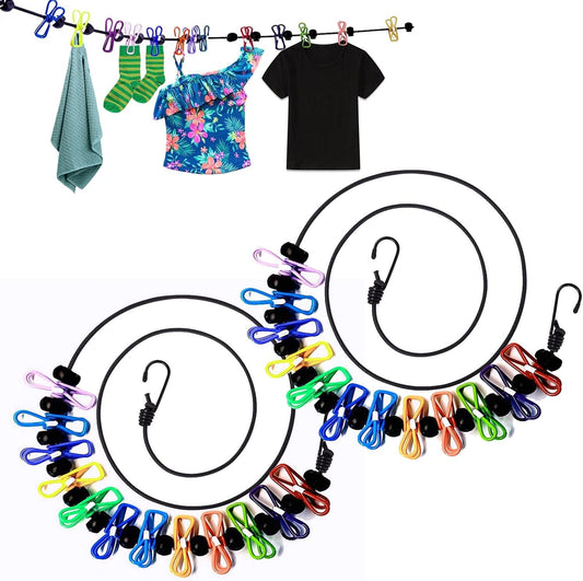 2 Pack Portable Clothesline with 12 Clothespins, Windproof Travel Clothesline Stretchy Retractable Elastic Laundry Clothes Line for Backyard, Vacation Hotel, Balcony Clothes Drying Line