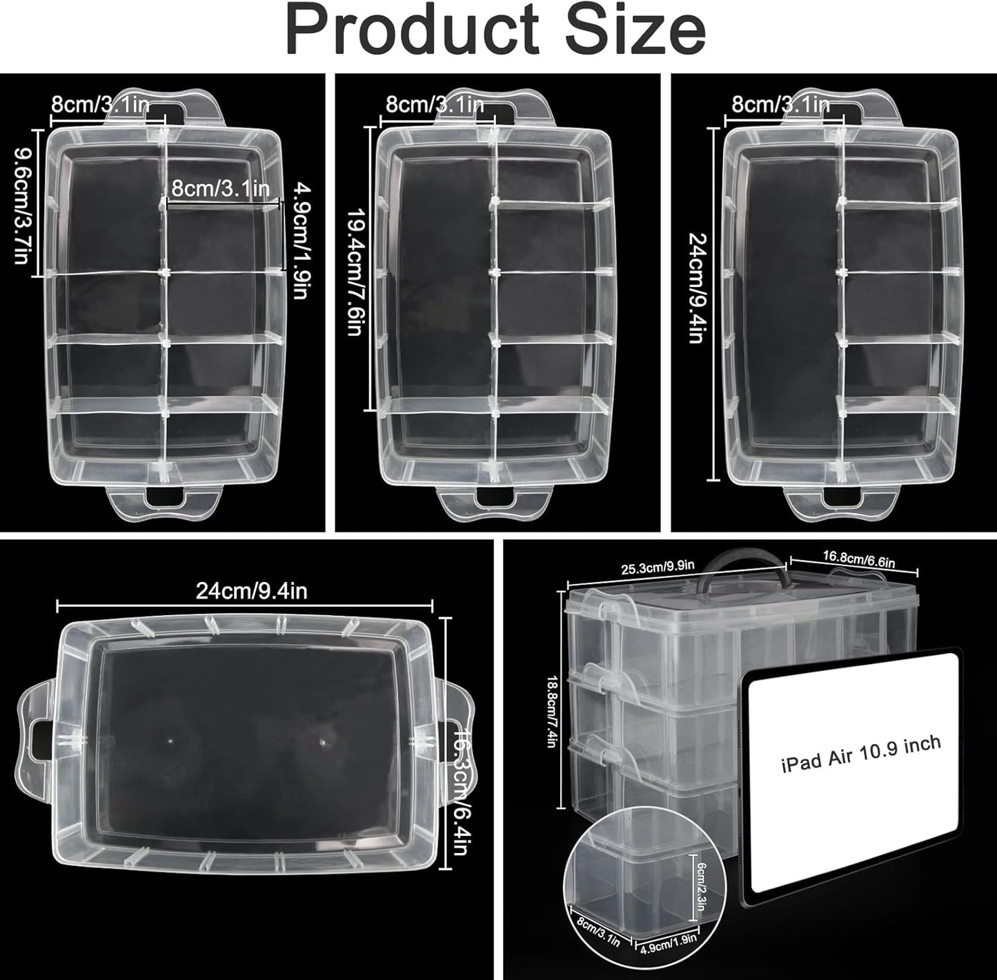 Guyuyii 3-Tier Stackable Bead Organizer with Adjustable Dividers - 30 Compartments Plastic Storage Box for Washi Tape, Lego Pieces, Rock Collection & Sewing Threads - Portable Craft Case with Handle