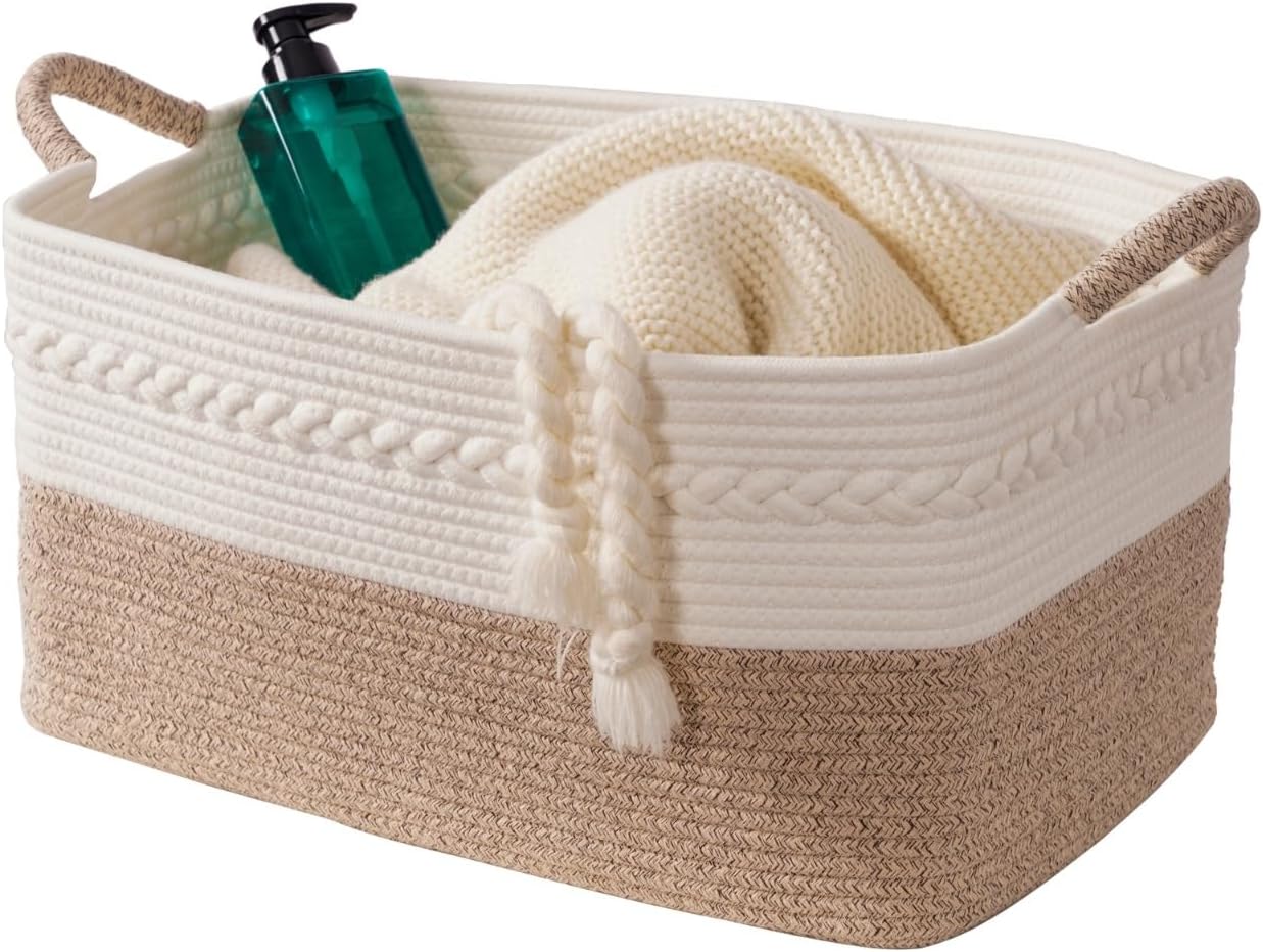 Decorative laundry basket with handles woven from natural cotton rope storage blankets for living room cute boho quilted gift baskets for clothes pillows toys 20"x14"x10",white/brown