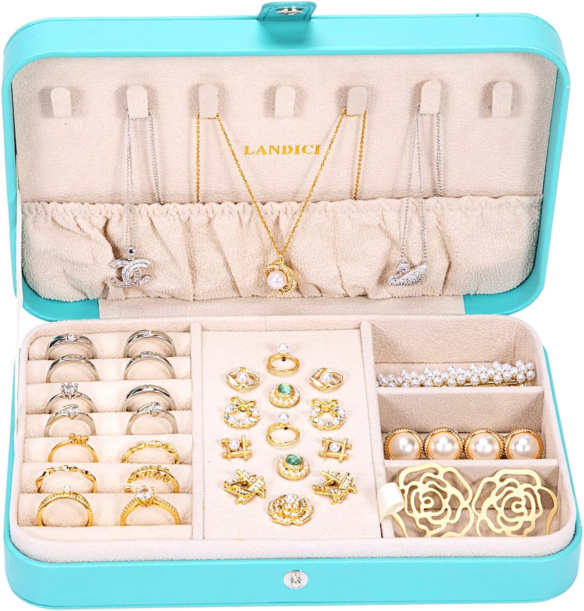 LANDICI Small Jewelry Box for Women Girls, PU Leather Travel Jewelry Organizer Case, Portable Jewellery Storage Holder Display for Ring Earrings Necklace Bracelet Bangle Watch Men Kids Gift, Lake Blue