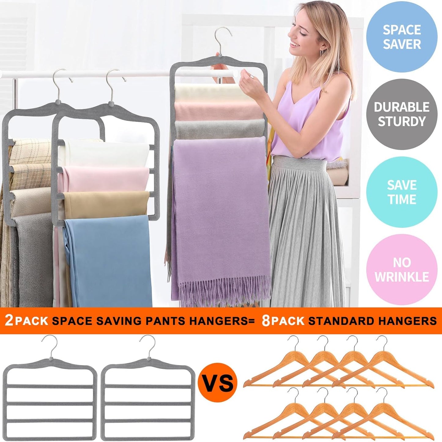Closet Organizers and Storage, Magic Pants Hangers Space Saving, 4 Tiers Skirt Hangers, Jean Scarf Hangers, Closet Organizer Clothes Hangers, College Dorm Essentials Apartment Essentials-2 Pack