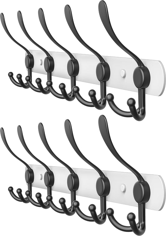 Coat Rack Wall Mount with 5 Tri Hooks, Stainless Steel 16 Inch – White & Black Matte Finish, Heavy Duty Wall Mounted Hook Rack for Coats, Hats, Towels, Scarfs, Robes, Bags, Entryway & Bathroom, 2 Pack